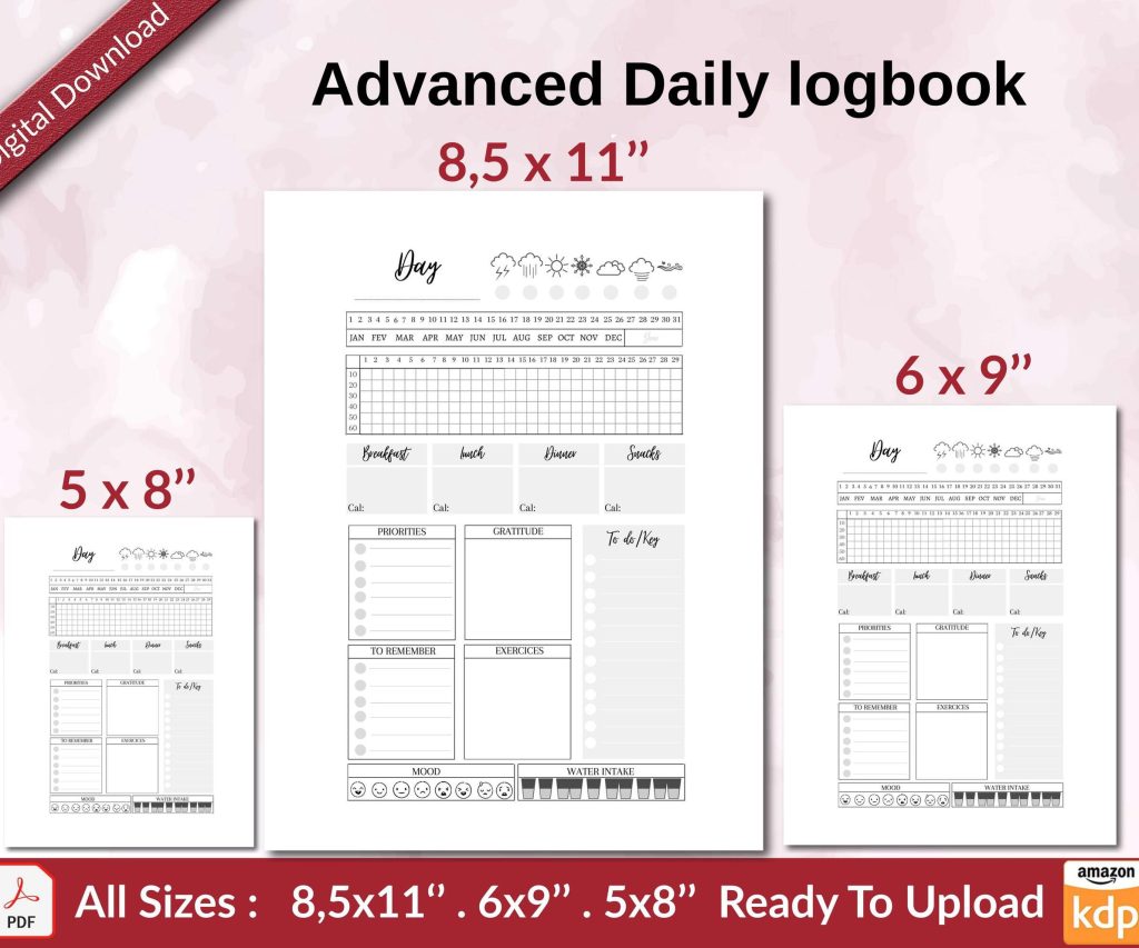Advanced Daily logbook KDP interior Ready To Upload, Sizes 8.5×11 6×9 5×8 inch PDF FILE Used as Amazon KDP Paperback Low Content Book, journal, Notebook, Planner, COMMERCIAL Use