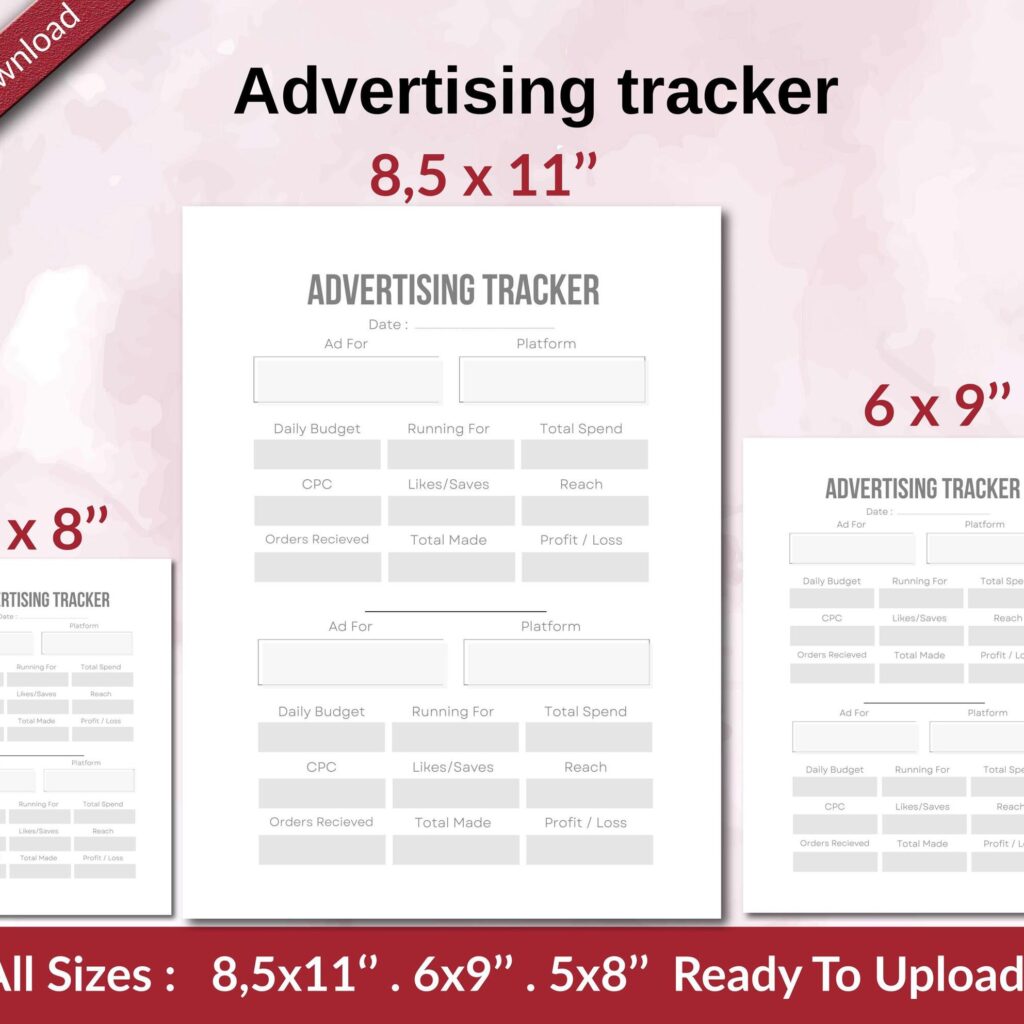 Advertising tracker KDP interior Ready To Upload, Sizes 8.5×11 6×9 5×8 inch PDF FILE Used as Amazon KDP Paperback Low Content Book, journal, Notebook, Planner, COMMERCIAL Use