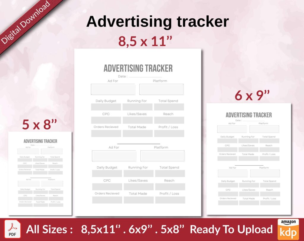 Advertising tracker KDP interior Ready To Upload, Sizes 8.5×11 6×9 5×8 inch PDF FILE Used as Amazon KDP Paperback Low Content Book, journal, Notebook, Planner, COMMERCIAL Use