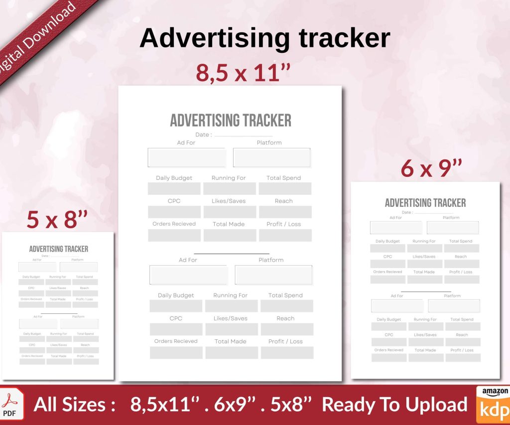 Advertising tracker KDP interior Ready To Upload, Sizes 8.5×11 6×9 5×8 inch PDF FILE Used as Amazon KDP Paperback Low Content Book, journal, Notebook, Planner, COMMERCIAL Use