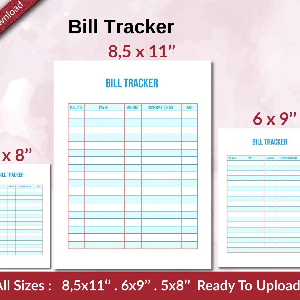 bill tracker template, Bill Tracker KDP interior Ready To Upload, Sizes 8.5×11 6×9 5×8 inch PDF FILE Used as Amazon KDP Paperback Low Content Book, journal, Notebook, Planner, COMMERCIAL Use