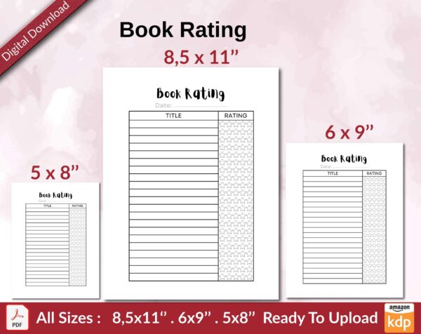 Book Rating KDP interior Ready To Upload, Sizes 8.5×11 6×9 5×8 inch PDF FILE Used as Amazon KDP Paperback Low Content Book, journal, Notebook, Planner, COMMERCIAL Use