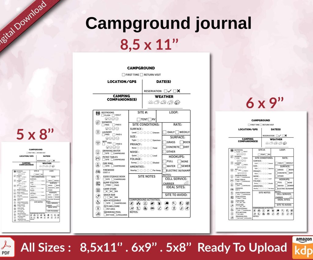Campground journal KDP interior Ready To Upload, Sizes 8.5×11 6×9 5×8 inch PDF FILE Used as Amazon KDP Paperback Low Content Book, journal, Notebook, Planner, COMMERCIAL Use