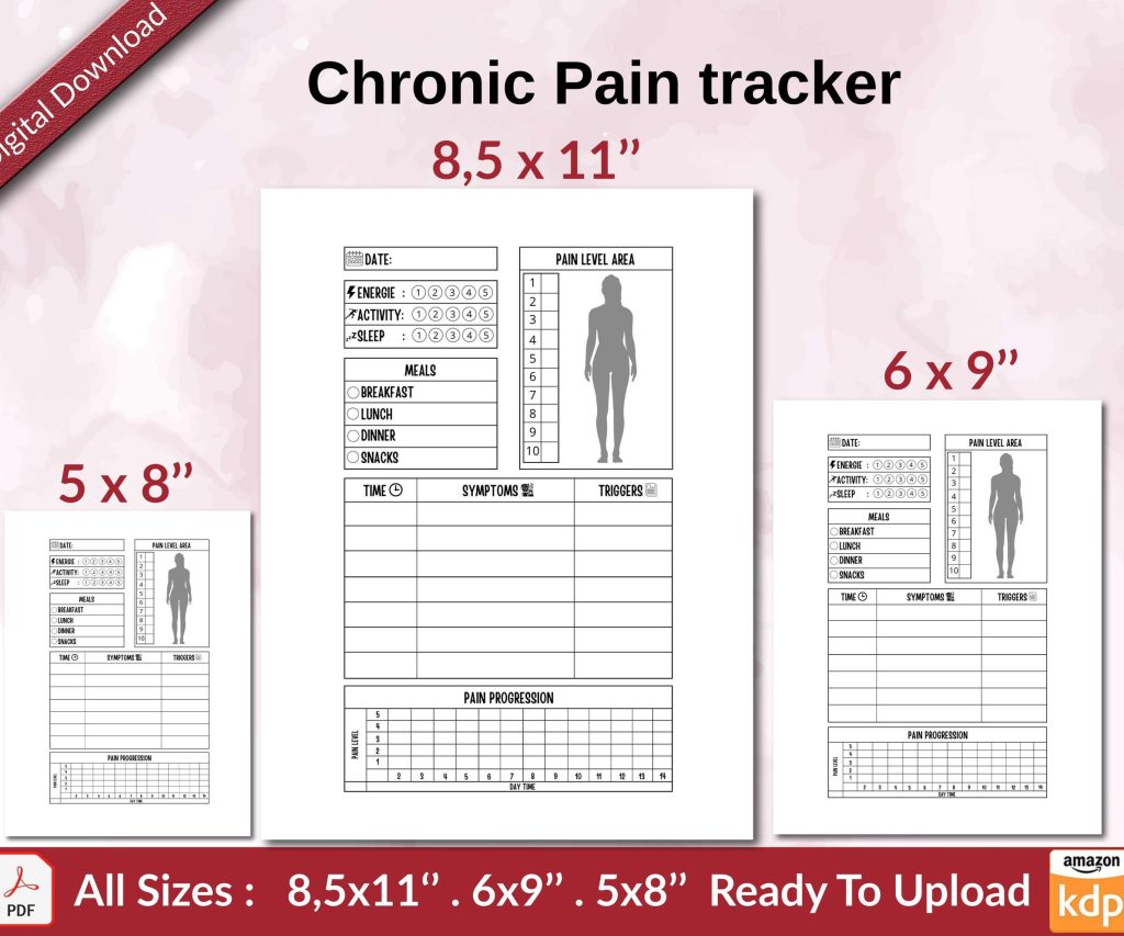 Chronic Pain tracker KDP interior Ready To Upload, Sizes 8.5×11 6×9 5×8 inch PDF FILE Used as Amazon KDP Paperback Low Content Book, journal, Notebook, Planner, COMMERCIAL Use