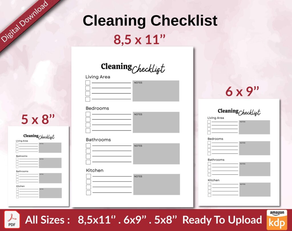 Cleaning Checklist KDP interior Ready To Upload, Sizes 8.5×11 6×9 5×8 inch PDF FILE Used as Amazon KDP Paperback Low Content Book, journal, Notebook, Planner, COMMERCIAL Use