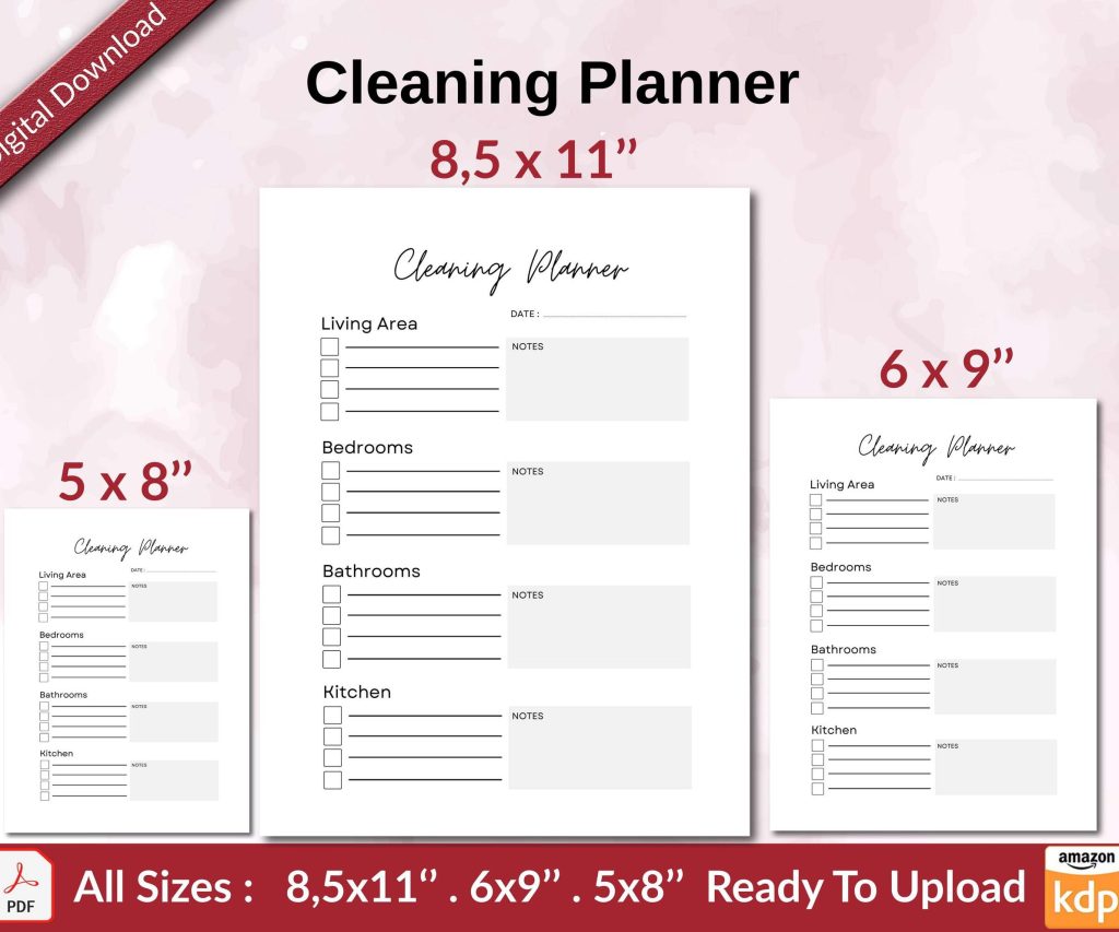 Cleaning Planner KDP interior Ready To Upload, Sizes 8.5×11 6×9 5×8 inch PDF FILE Used as Amazon KDP Paperback Low Content Book, journal, Notebook, Planner, COMMERCIAL Use