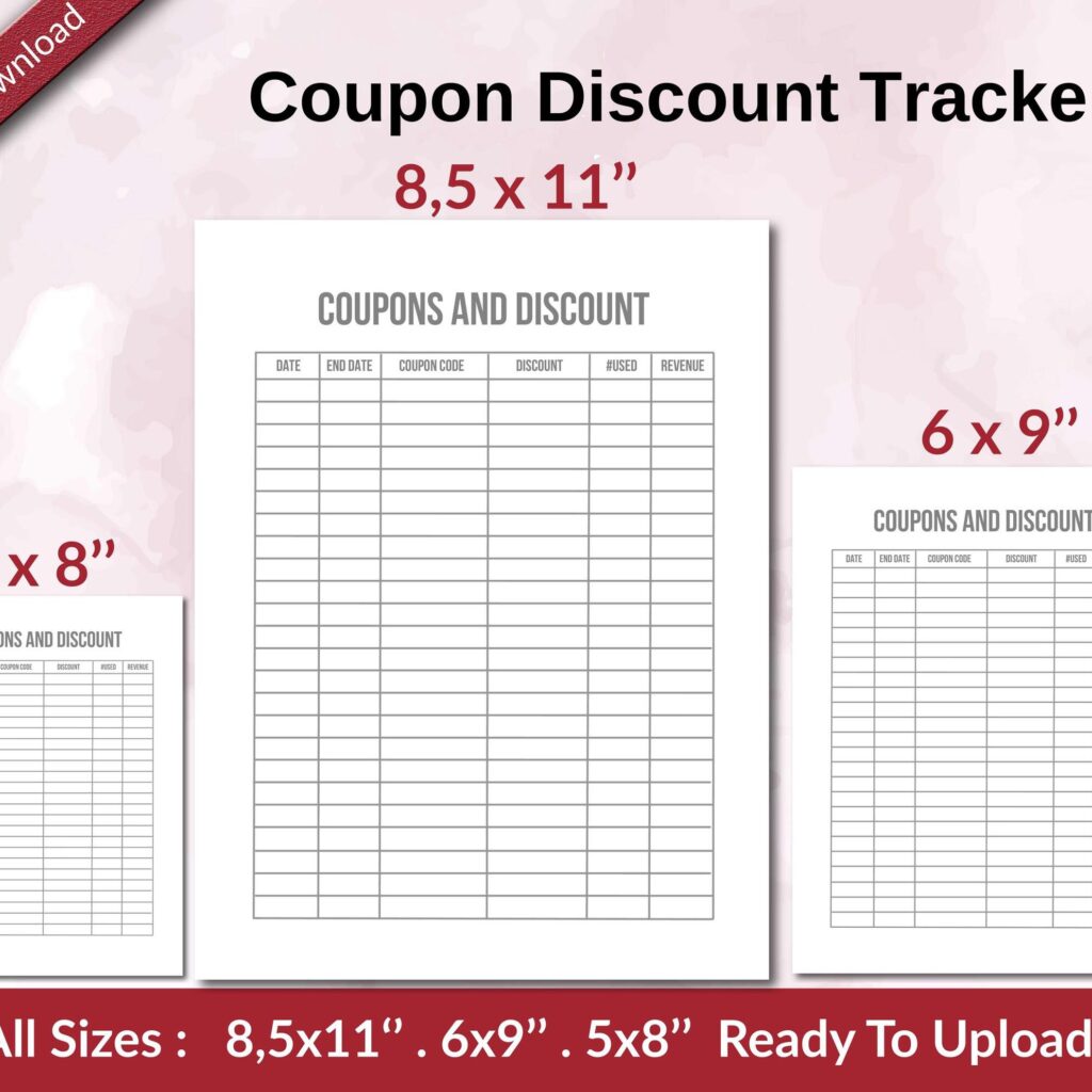 Coupon Discount Tracker KDP interior Ready To Upload, Sizes 8.5×11 6×9 5×8 inch PDF FILE Used as Amazon KDP Paperback Low Content Book, journal, Notebook, Planner, COMMERCIAL Use