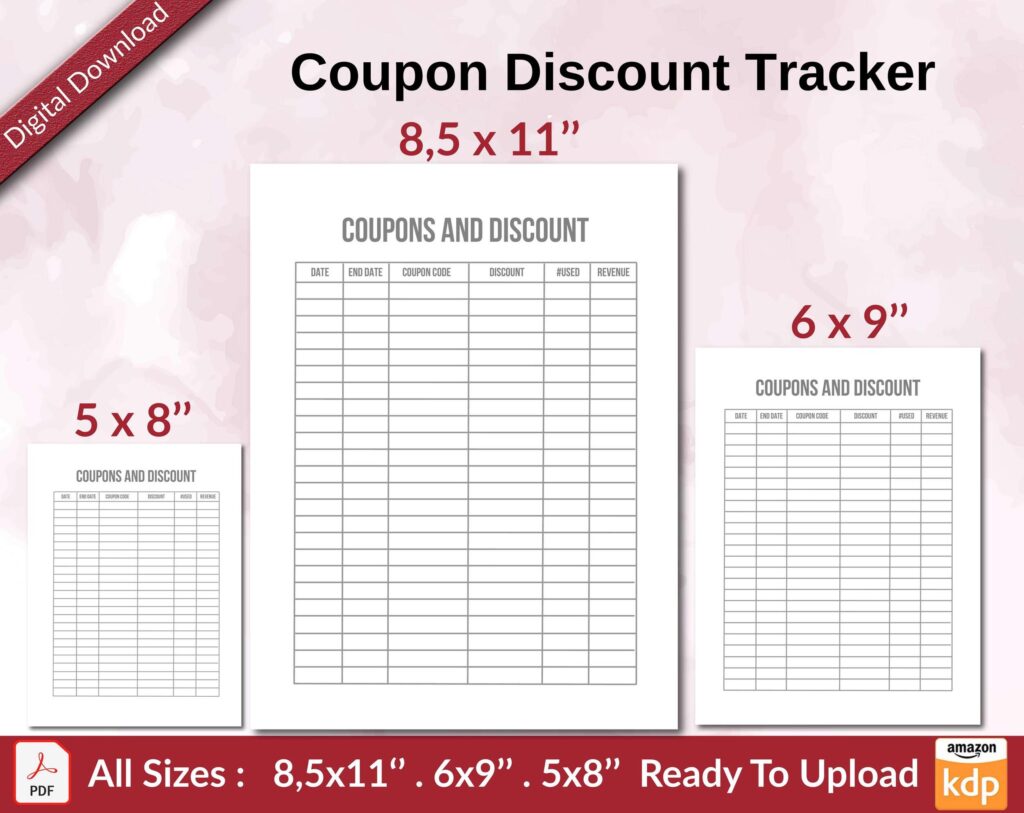 Coupon Discount Tracker KDP interior Ready To Upload, Sizes 8.5×11 6×9 5×8 inch PDF FILE Used as Amazon KDP Paperback Low Content Book, journal, Notebook, Planner, COMMERCIAL Use