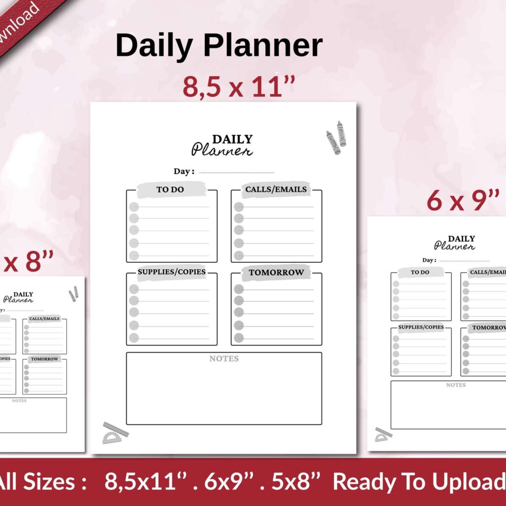 Daily Planner KDP interior Ready To Upload, Sizes 8.5×11 6×9 5×8 inch PDF FILE Used as Amazon KDP Paperback Low Content Book, journal, Notebook, Planner, COMMERCIAL Use