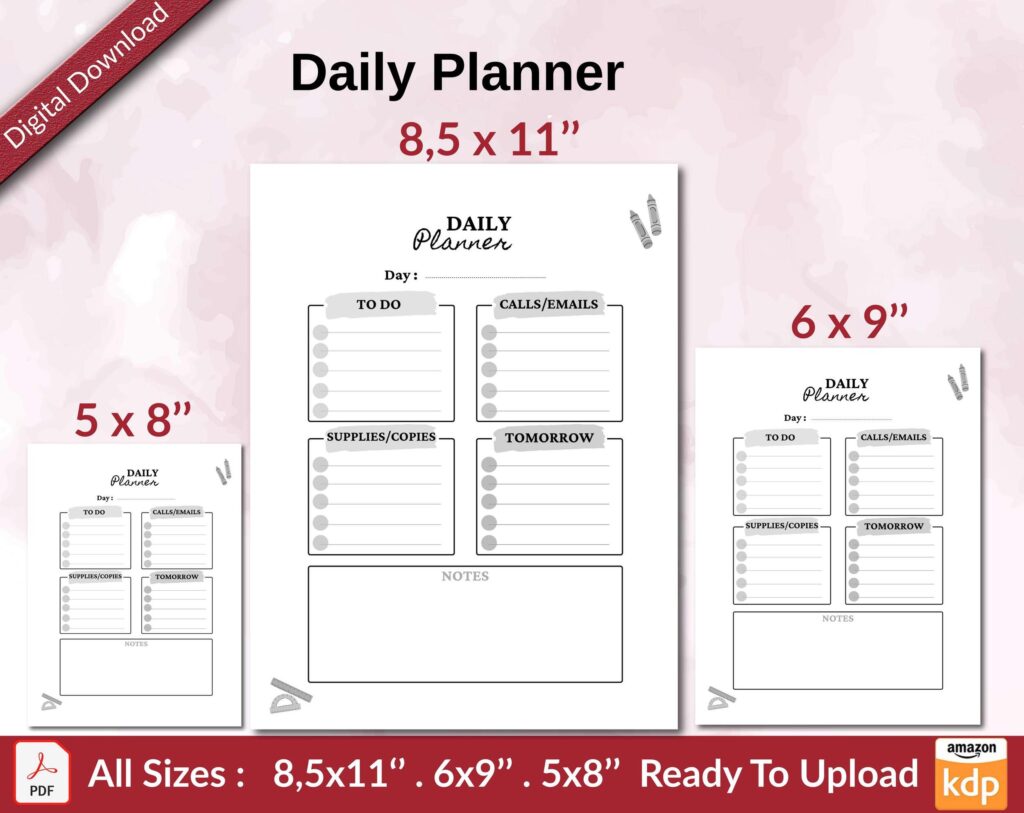 Daily Planner KDP interior Ready To Upload, Sizes 8.5×11 6×9 5×8 inch PDF FILE Used as Amazon KDP Paperback Low Content Book, journal, Notebook, Planner, COMMERCIAL Use