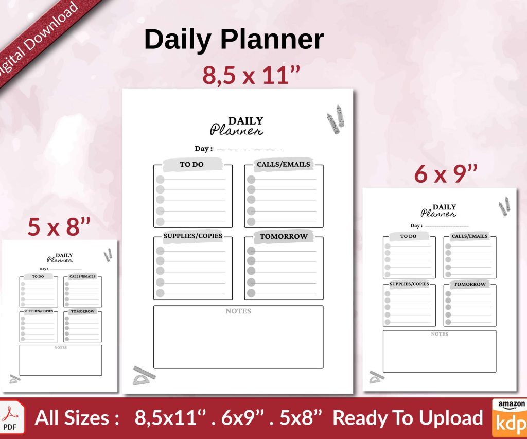 Daily Planner KDP interior Ready To Upload, Sizes 8.5×11 6×9 5×8 inch PDF FILE Used as Amazon KDP Paperback Low Content Book, journal, Notebook, Planner, COMMERCIAL Use