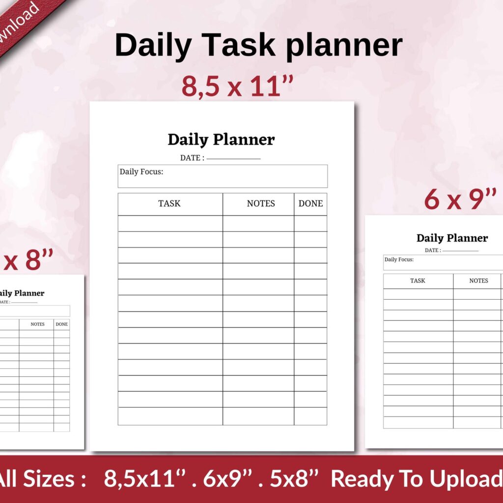 Daily Task planner KDP interior Ready To Upload, Sizes 8.5×11 6×9 5×8 inch PDF FILE Used as Amazon KDP Paperback Low Content Book, journal, Notebook, Planner, COMMERCIAL Use