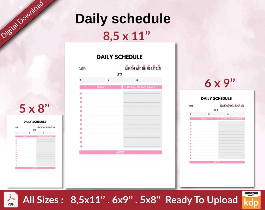 Daily schedule KDP interior Ready To Upload, Sizes 8.5×11 6×9 5×8 inch PDF FILE Used as Amazon KDP Paperback Low Content Book, journal, Notebook, Planner, COMMERCIAL Use