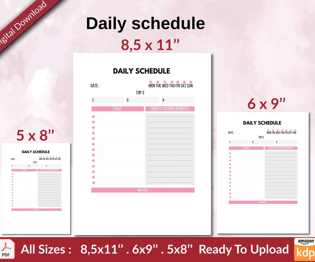 Daily schedule KDP interior Ready To Upload, Sizes 8.5×11 6×9 5×8 inch PDF FILE Used as Amazon KDP Paperback Low Content Book, journal, Notebook, Planner, COMMERCIAL Use