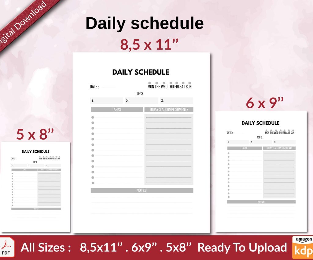 Daily schedule KDP interior Ready To Upload, Sizes 8.5×11 6×9 5×8 inch PDF FILE Used as Amazon KDP Paperback Low Content Book, journal, Notebook, Planner, COMMERCIAL Use