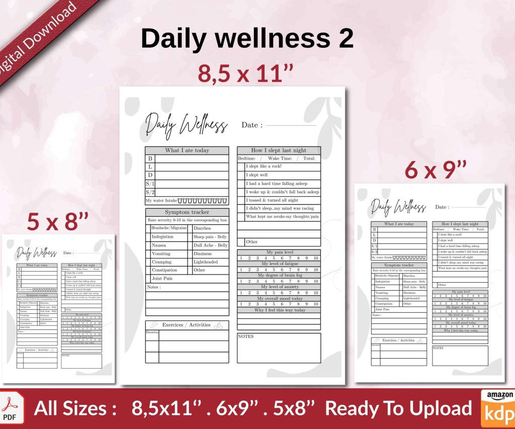 Daily wellness 2 KDP interior Ready To Upload, Sizes 8.5×11 6×9 5×8 inch PDF FILE Used as Amazon KDP Paperback Low Content Book, journal, Notebook, Planner, COMMERCIAL Use