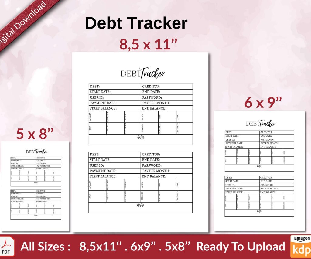 Debt Tracker KDP interior Ready To Upload, Sizes 8.5×11 6×9 5×8 inch PDF FILE Used as Amazon KDP Paperback Low Content Book, journal, Notebook, Planner, COMMERCIAL Use