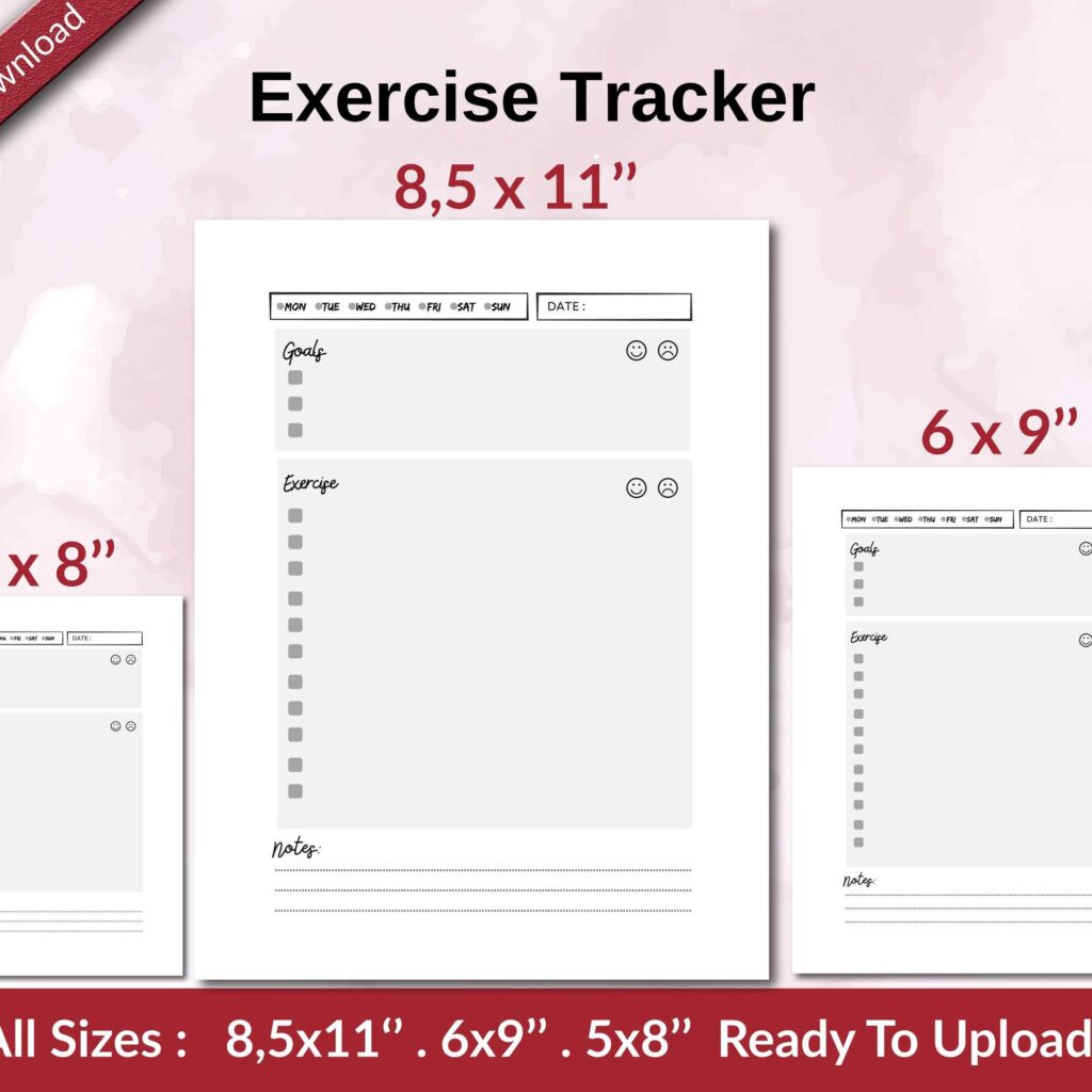 Exercise Tracker KDP interior Ready To Upload, Sizes 8.5×11 6×9 5×8 inch PDF FILE Used as Amazon KDP Paperback Low Content Book, journal, Notebook, Planner, COMMERCIAL Use