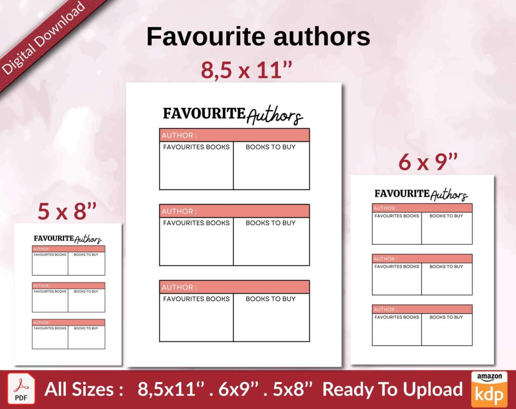 Favourite authors KDP interior Ready To Upload, Sizes 8.5×11 6×9 5×8 inch PDF FILE Used as Amazon KDP Paperback Low Content Book, journal, Notebook, Planner, COMMERCIAL Use