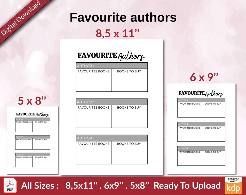 Favourite authors KDP interior Ready To Upload, Sizes 8.5×11 6×9 5×8 inch PDF FILE Used as Amazon KDP Paperback Low Content Book, journal, Notebook, Planner, COMMERCIAL Use