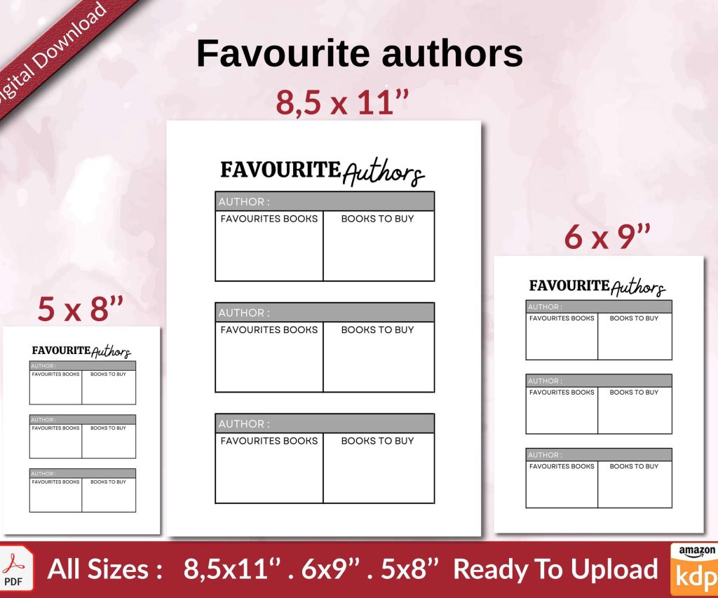 Favourite authors KDP interior Ready To Upload, Sizes 8.5×11 6×9 5×8 inch PDF FILE Used as Amazon KDP Paperback Low Content Book, journal, Notebook, Planner, COMMERCIAL Use