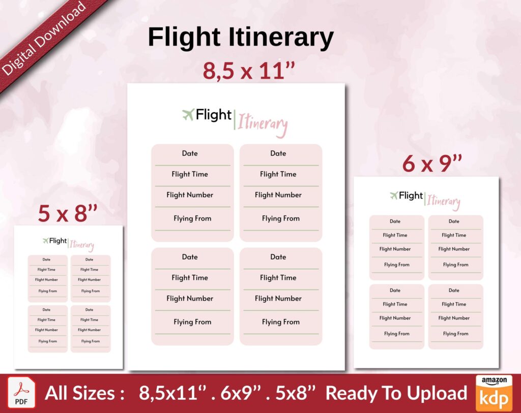 Flight Itinerary KDP interior Ready To Upload, Sizes 8.5×11 6×9 5×8 inch PDF FILE Used as Amazon KDP Paperback Low Content Book, journal, Notebook, Planner, COMMERCIAL Use