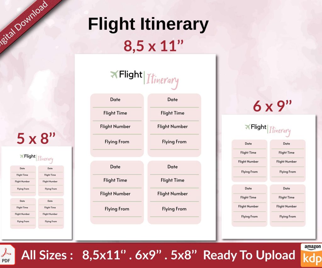 Flight Itinerary KDP interior Ready To Upload, Sizes 8.5×11 6×9 5×8 inch PDF FILE Used as Amazon KDP Paperback Low Content Book, journal, Notebook, Planner, COMMERCIAL Use