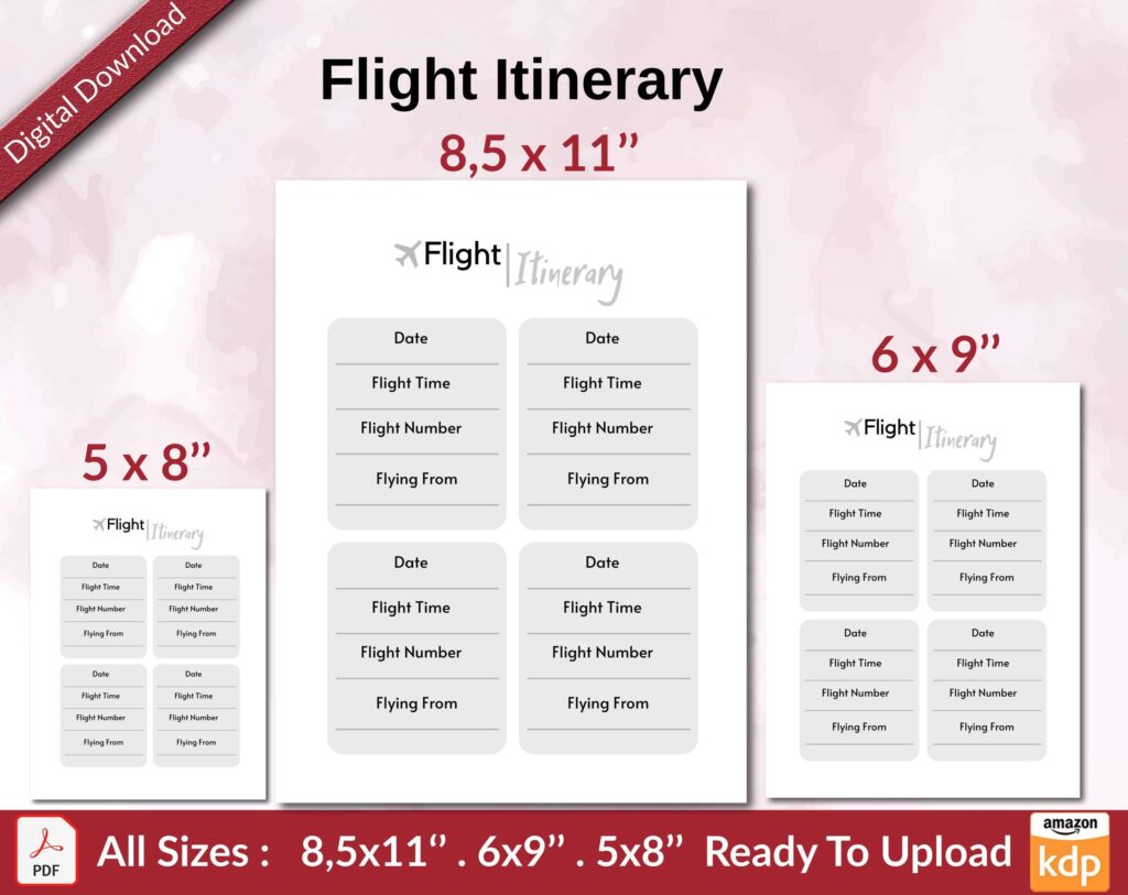 Flight Itinerary KDP interior Ready To Upload, Sizes 8.5×11 6×9 5×8 inch PDF FILE Used as Amazon KDP Paperback Low Content Book, journal, Notebook, Planner, COMMERCIAL Use