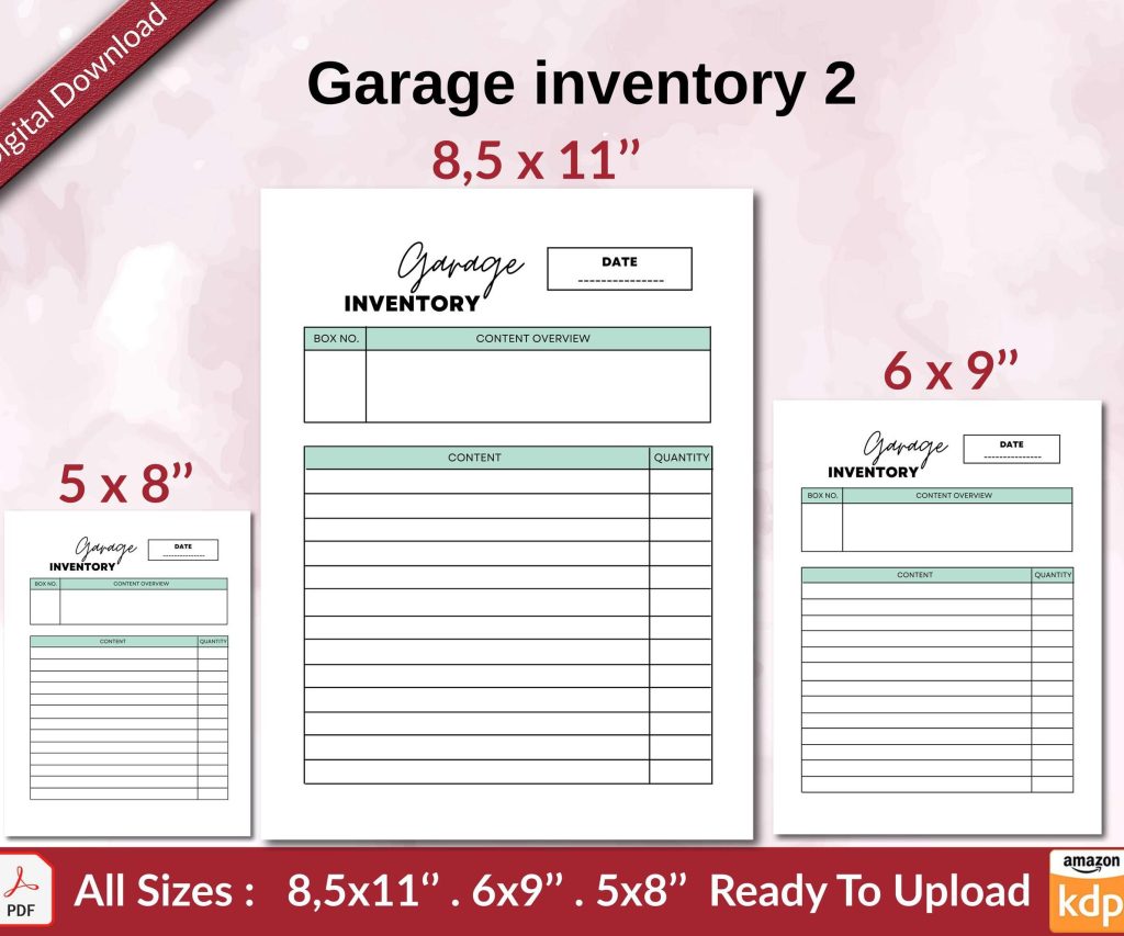 Garage inventory 2 KDP interior Ready To Upload, Sizes 8.5×11 6×9 5×8 inch PDF FILE Used as Amazon KDP Paperback Low Content Book, journal, Notebook, Planner, COMMERCIAL Use