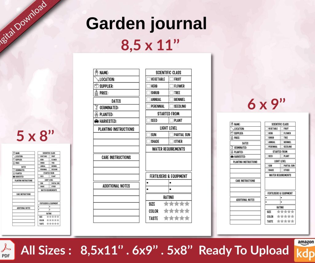 Garden journal KDP interior Ready To Upload, Sizes 8.5×11 6×9 5×8 inch PDF FILE Used as Amazon KDP Paperback Low Content Book, journal, Notebook, Planner, COMMERCIAL Use