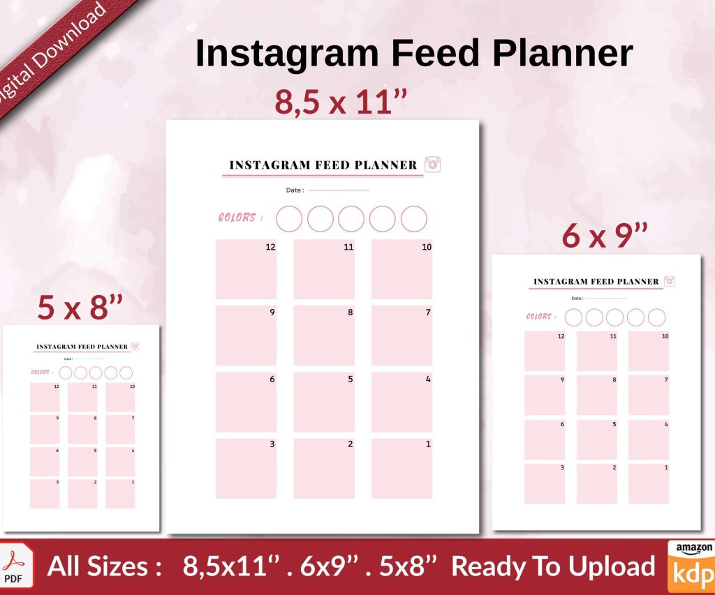 Instagram Feed Planner KDP interior Ready To Upload, Sizes 8.5×11 6×9 5×8 inch PDF FILE Used as Amazon KDP Paperback Low Content Book, journal, Notebook, Planner, COMMERCIAL Use