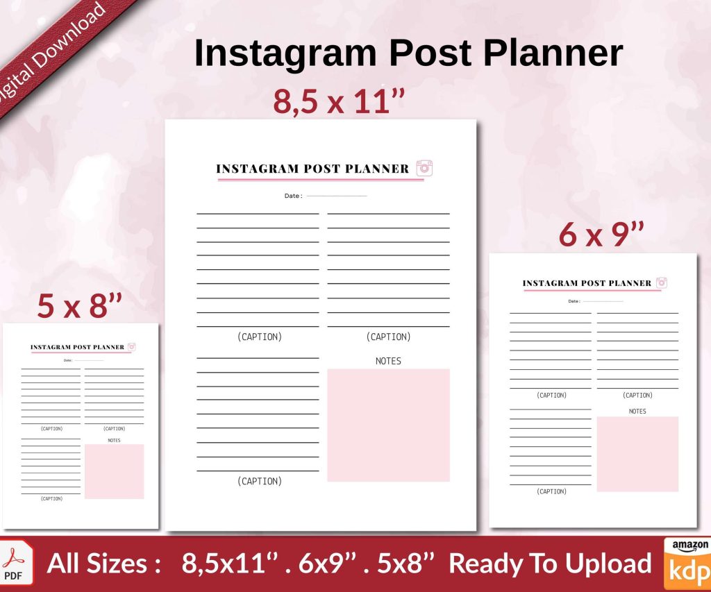 Instagram Post Planner KDP interior Ready To Upload, Sizes 8.5×11 6×9 5×8 inch PDF FILE Used as Amazon KDP Paperback Low Content Book, journal, Notebook, Planner, COMMERCIAL Use