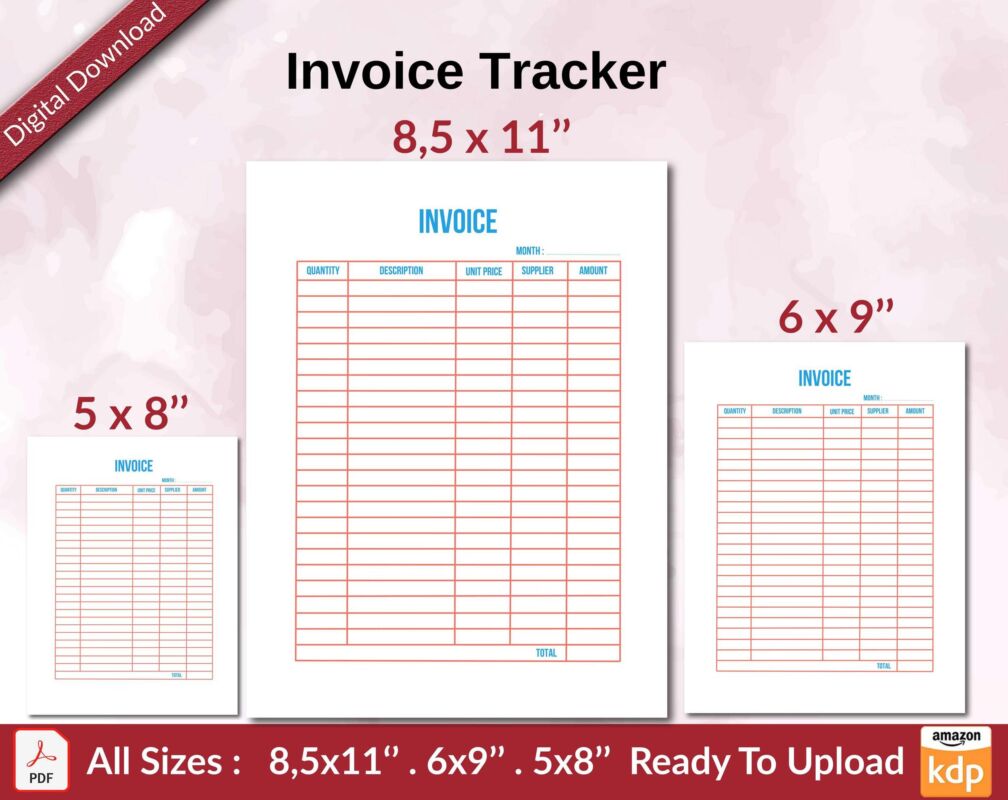 Invoice Tracker KDP interior Ready To Upload, Sizes 8.5x11 6x9 5x8 inch ...