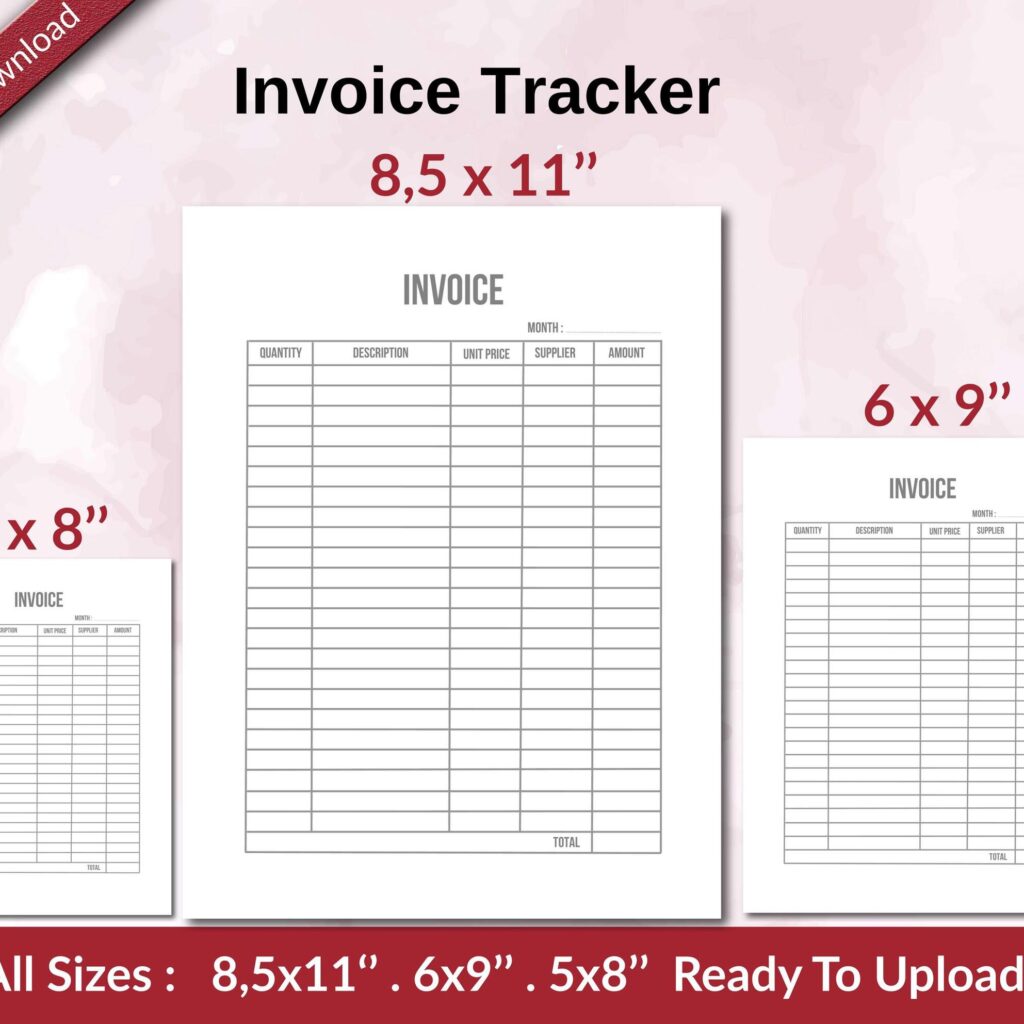 Invoice Tracker KDP interior Ready To Upload, Sizes 8.5×11 6×9 5×8 inch PDF FILE Used as Amazon KDP Paperback Low Content Book, journal, Notebook, Planner, COMMERCIAL Use