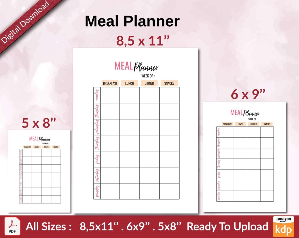 Meal Planner KDP interior Ready To Upload, Sizes 8.5×11 6×9 5×8 inch PDF FILE Used as Amazon KDP Paperback Low Content Book, journal, Notebook, Planner, COMMERCIAL Use