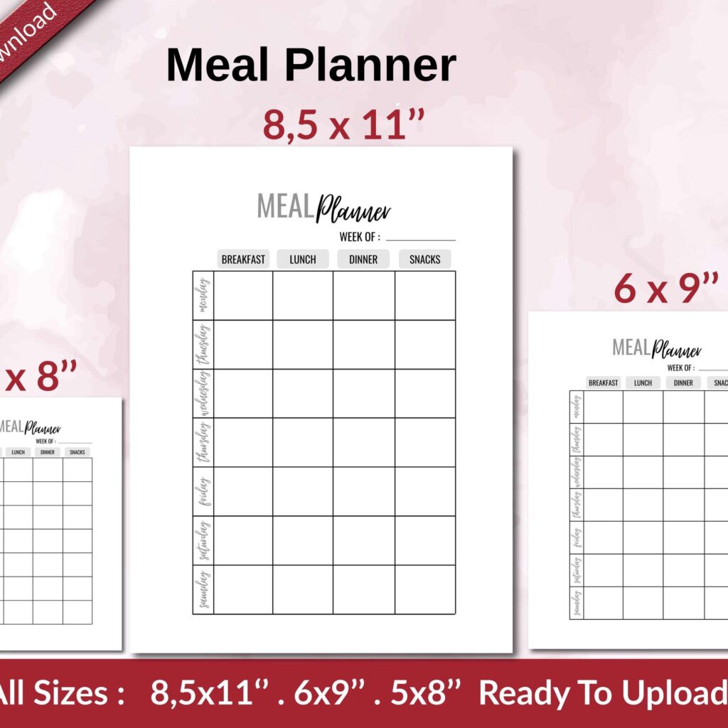 Meal Planner KDP interior Ready To Upload, Sizes 8.5×11 6×9 5×8 inch PDF FILE Used as Amazon KDP Paperback Low Content Book, journal, Notebook, Planner, COMMERCIAL Use