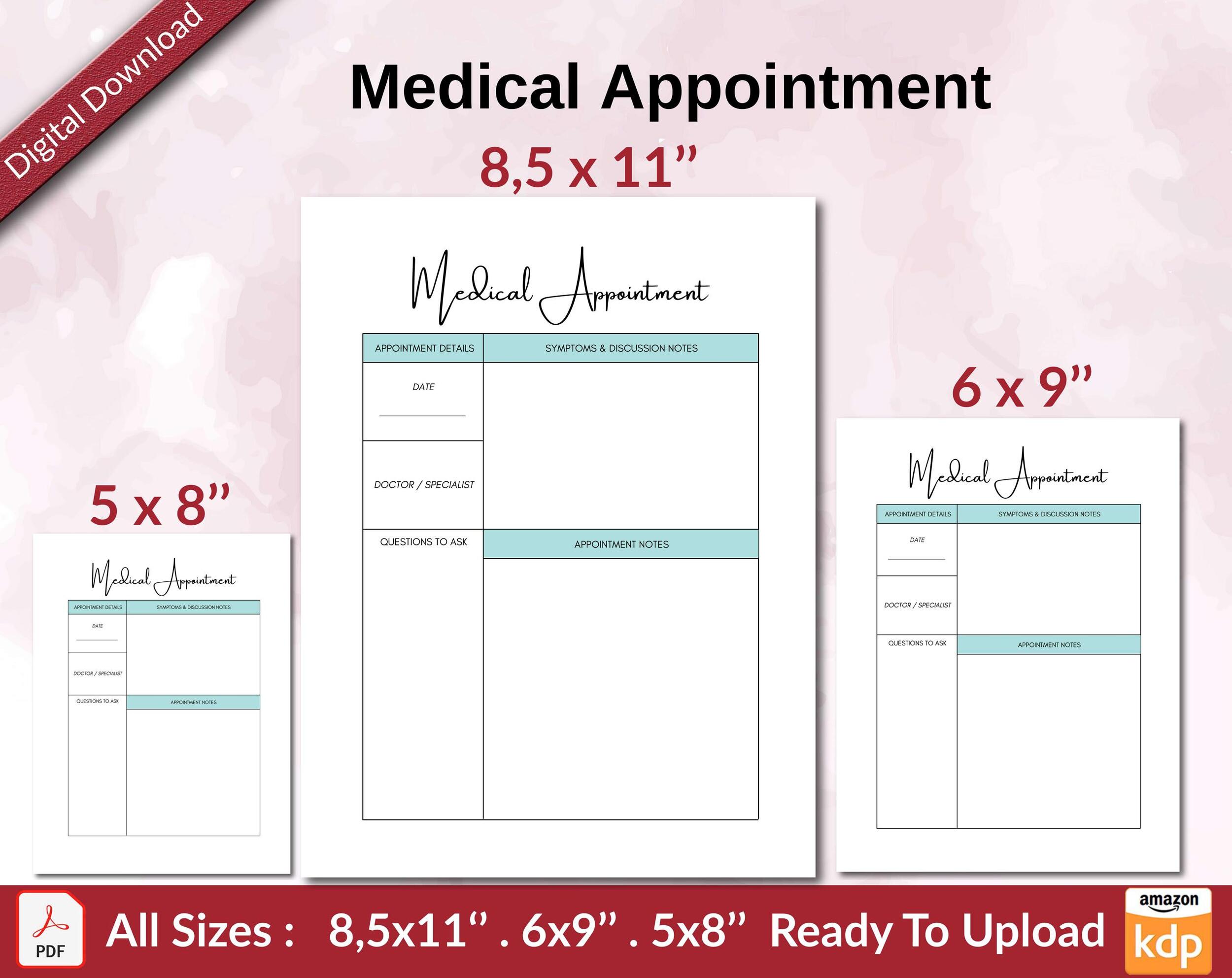 Medical Appointment KDP interior Ready To Upload, Sizes 8.5×11 6×9 5×8 inch PDF FILE Used as Amazon KDP Paperback Low Content Book, journal, Notebook, Planner, COMMERCIAL Use Medical Appointment KDP interior Ready To Upload, Sizes 8.5×11 6×9 5×8 inch PDF FILE Used as Amazon KDP Paperback Low Content Book, journal, Notebook, Planner, COMMERCIAL Use