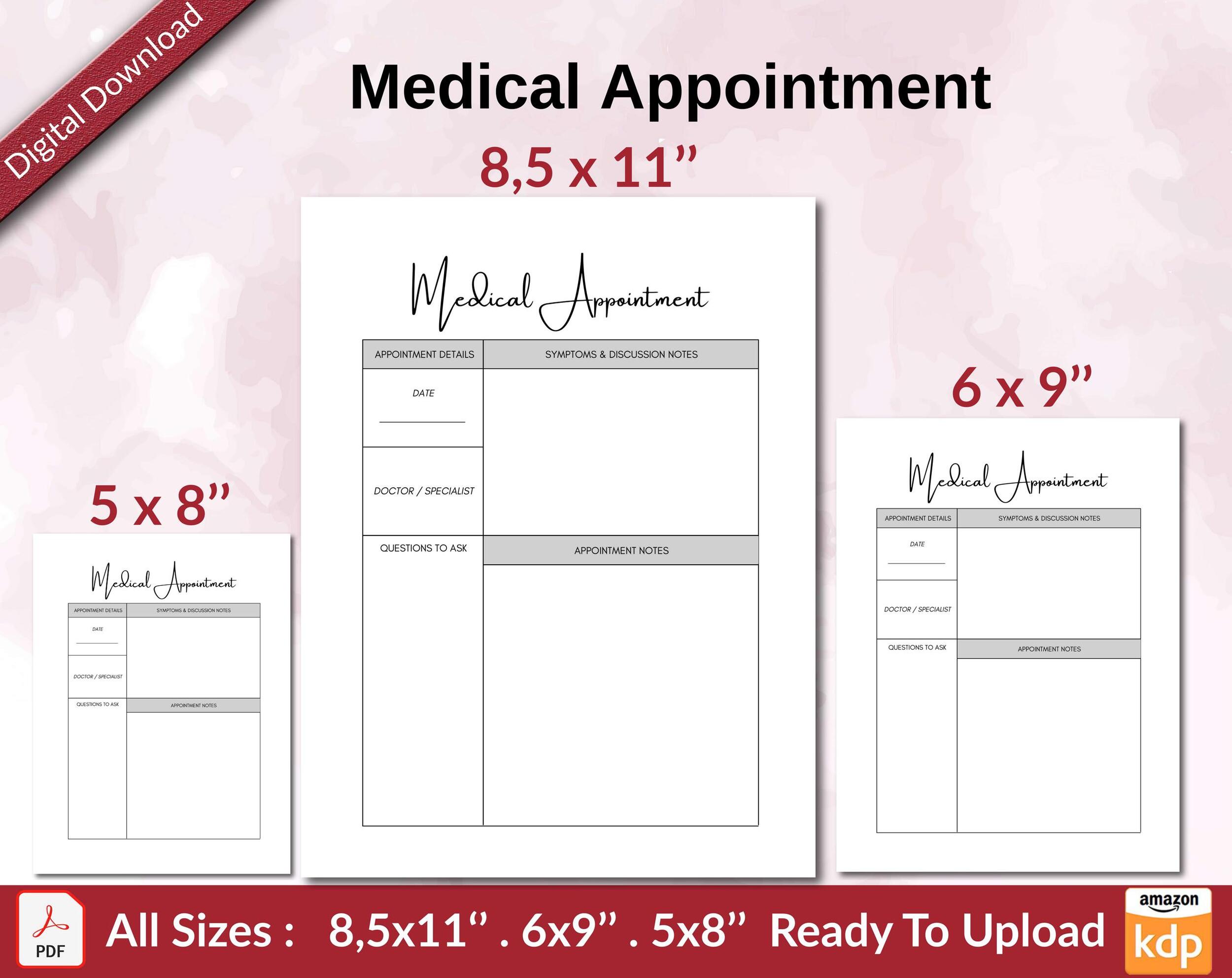 Medical Appointment KDP interior Ready To Upload, Sizes 8.5×11 6×9 5×8 inch PDF FILE Used as Amazon KDP Paperback Low Content Book, journal, Notebook, Planner, COMMERCIAL Use Medical Appointment KDP interior Ready To Upload, Sizes 8.5×11 6×9 5×8 inch PDF FILE Used as Amazon KDP Paperback Low Content Book, journal, Notebook, Planner, COMMERCIAL Use