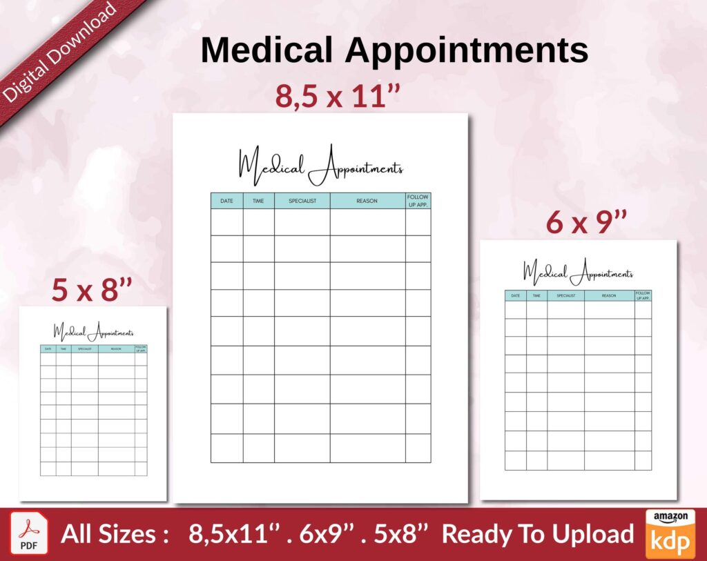 Medical Appointments KDP interior Ready To Upload, Sizes 8.5×11 6×9 5×8 inch PDF FILE Used as Amazon KDP Paperback Low Content Book, journal, Notebook, Planner, COMMERCIAL Use