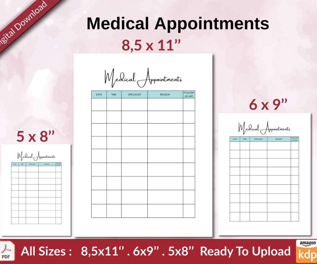 Medical Appointments KDP interior Ready To Upload, Sizes 8.5×11 6×9 5×8 inch PDF FILE Used as Amazon KDP Paperback Low Content Book, journal, Notebook, Planner, COMMERCIAL Use