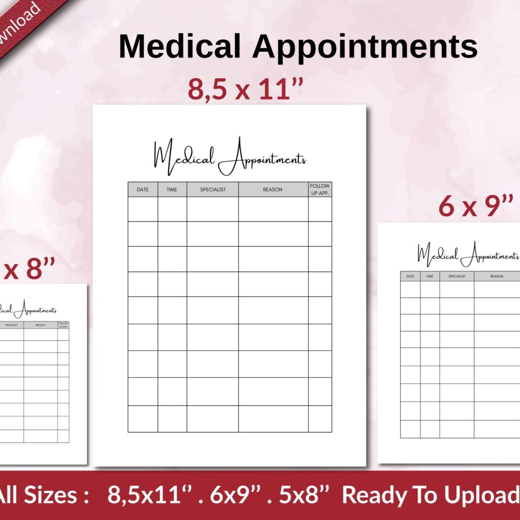 Medical Appointments KDP interior Ready To Upload, Sizes 8.5×11 6×9 5×8 inch PDF FILE Used as Amazon KDP Paperback Low Content Book, journal, Notebook, Planner, COMMERCIAL Use