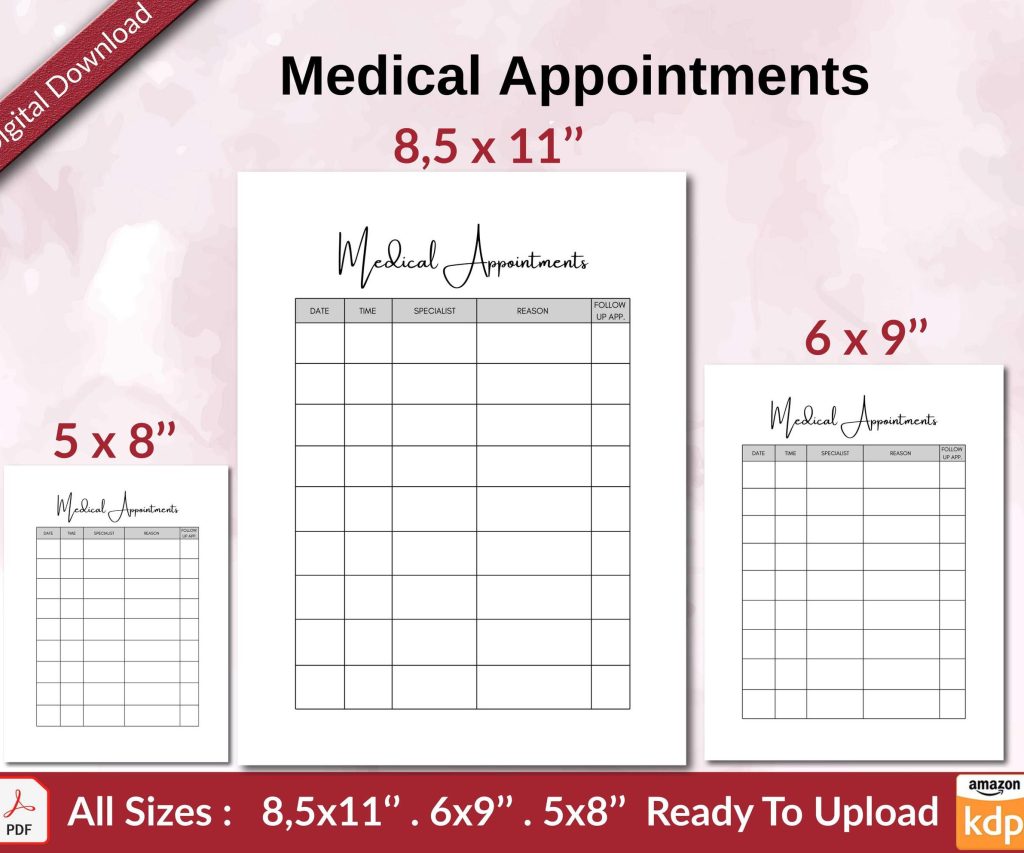 Medical Appointments KDP interior Ready To Upload, Sizes 8.5×11 6×9 5×8 inch PDF FILE Used as Amazon KDP Paperback Low Content Book, journal, Notebook, Planner, COMMERCIAL Use