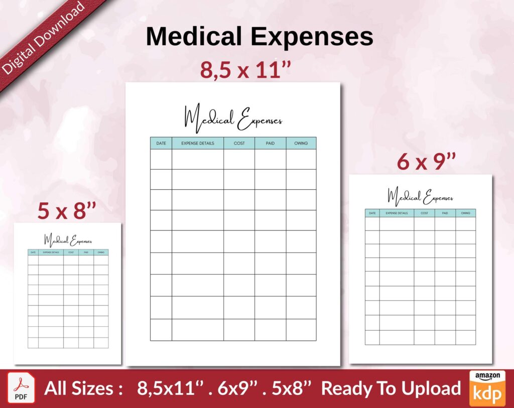 Medical Expenses KDP interior Ready To Upload, Sizes 8.5×11 6×9 5×8 inch PDF FILE Used as Amazon KDP Paperback Low Content Book, journal, Notebook, Planner, COMMERCIAL Use