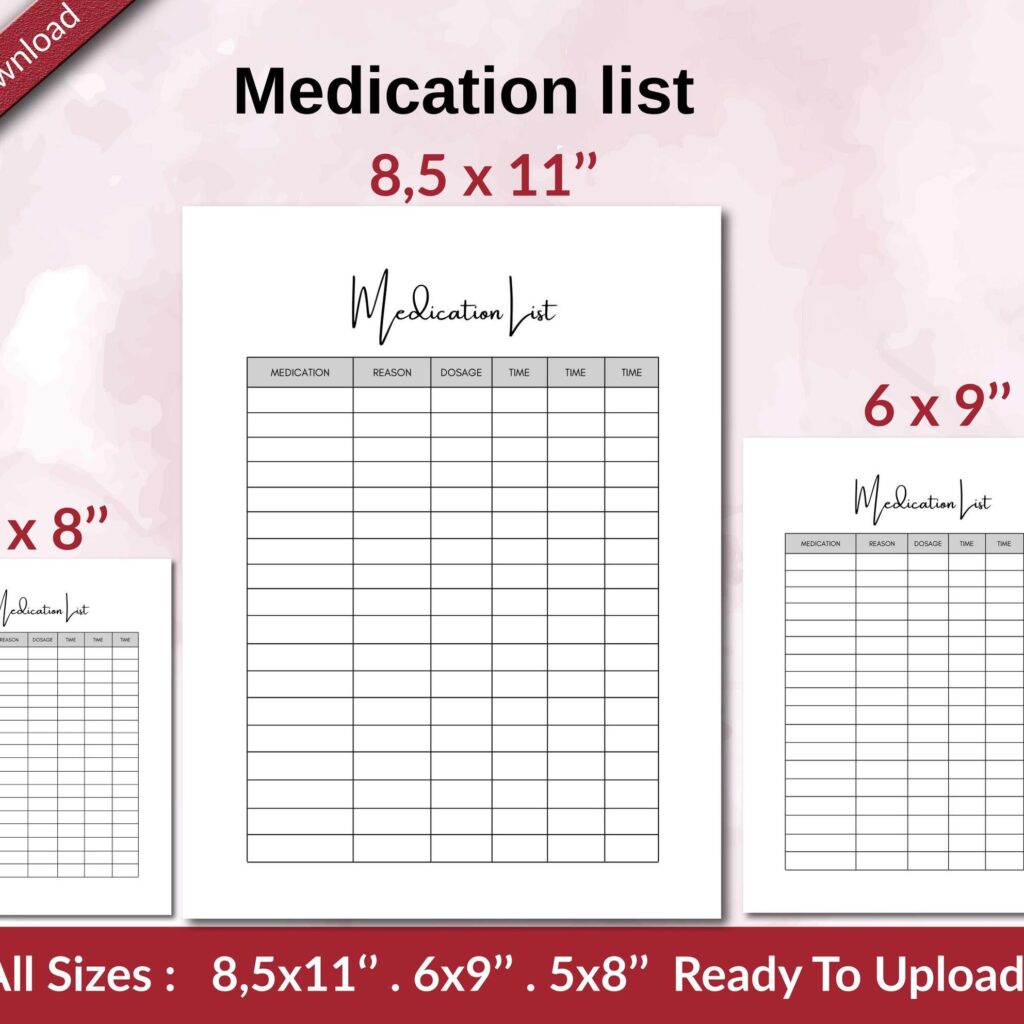 Medication list KDP interior Ready To Upload, Sizes 8.5×11 6×9 5×8 inch PDF FILE Used as Amazon KDP Paperback Low Content Book, journal, Notebook, Planner, COMMERCIAL Use