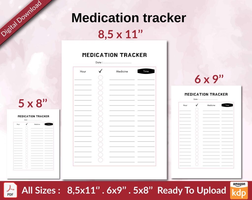 Medication tracker KDP interior Ready To Upload, Sizes 8.5×11 6×9 5×8 inch PDF FILE Used as Amazon KDP Paperback Low Content Book, journal, Notebook, Planner, COMMERCIAL Use