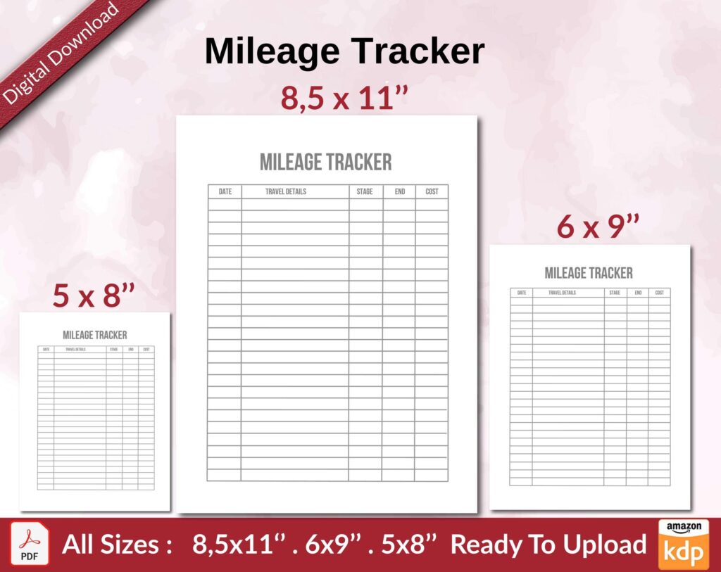 Mileage Tracker KDP interior Ready To Upload, Sizes 8.5×11 6×9 5×8 inch PDF FILE Used as Amazon KDP Paperback Low Content Book, journal, Notebook, Planner, COMMERCIAL Use