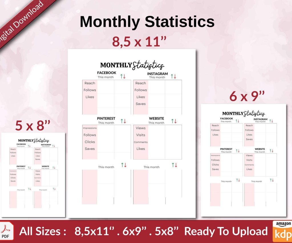 Monthly Statistics KDP interior Ready To Upload, Sizes 8.5×11 6×9 5×8 inch PDF FILE Used as Amazon KDP Paperback Low Content Book, journal, Notebook, Planner, COMMERCIAL Use