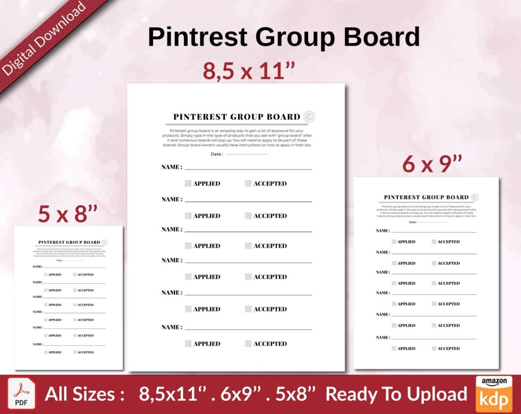 Pintrest Group Board KDP interior Ready To Upload, Sizes 8.5×11 6×9 5×8 inch PDF FILE Used as Amazon KDP Paperback Low Content Book, journal, Notebook, Planner, COMMERCIAL Use