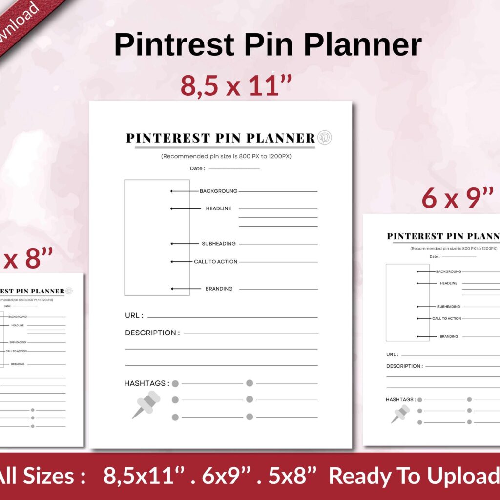 Pintrest Pin Planner KDP interior Ready To Upload, Sizes 8.5×11 6×9 5×8 inch PDF FILE Used as Amazon KDP Paperback Low Content Book, journal, Notebook, Planner, COMMERCIAL Use