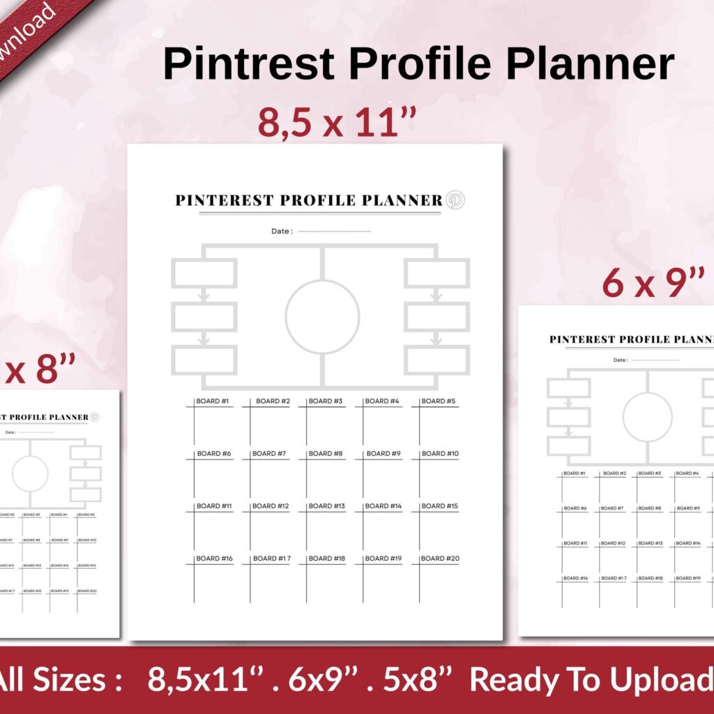 Pintrest Profile Planner KDP interior Ready To Upload, Sizes 8.5×11 6×9 5×8 inch PDF FILE Used as Amazon KDP Paperback Low Content Book, journal, Notebook, Planner, COMMERCIAL Use